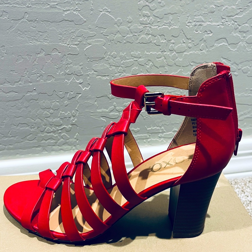 XOXO red 3 inch heel sandal in size 8